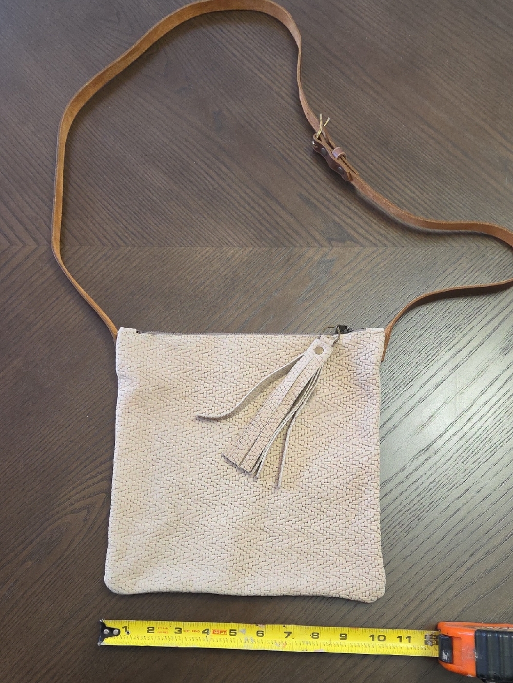 Neutral Crossbody Bag with Tassel Accent